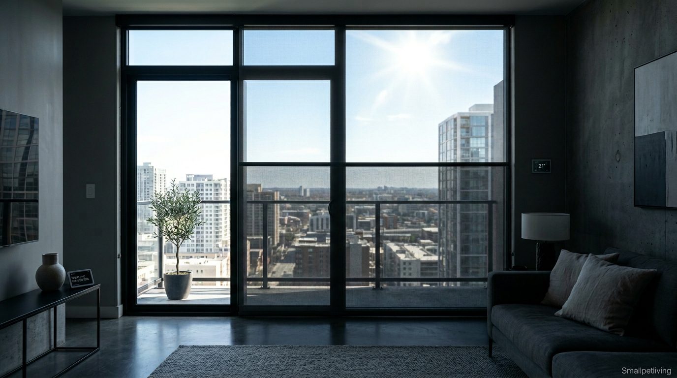 Automated smart blinds closing in a luxury apartment to block heat.