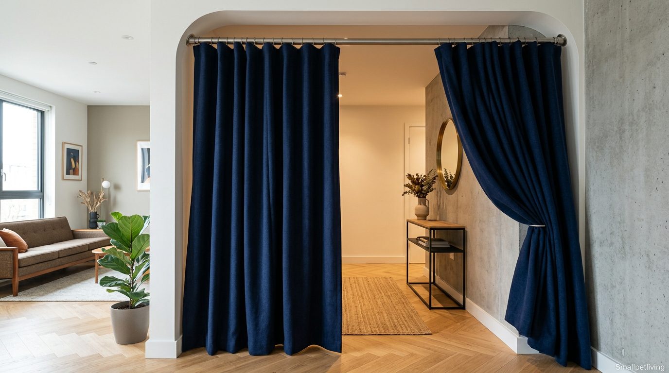 A heavy soundproof curtain drawn across a luxury apartment entryway.