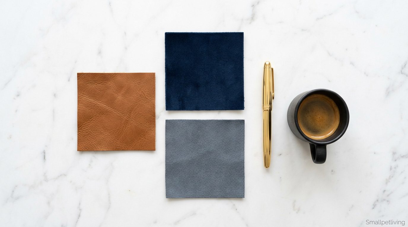 A flat lay of pet-friendly fabric swatches like velvet, microfiber, and leather.