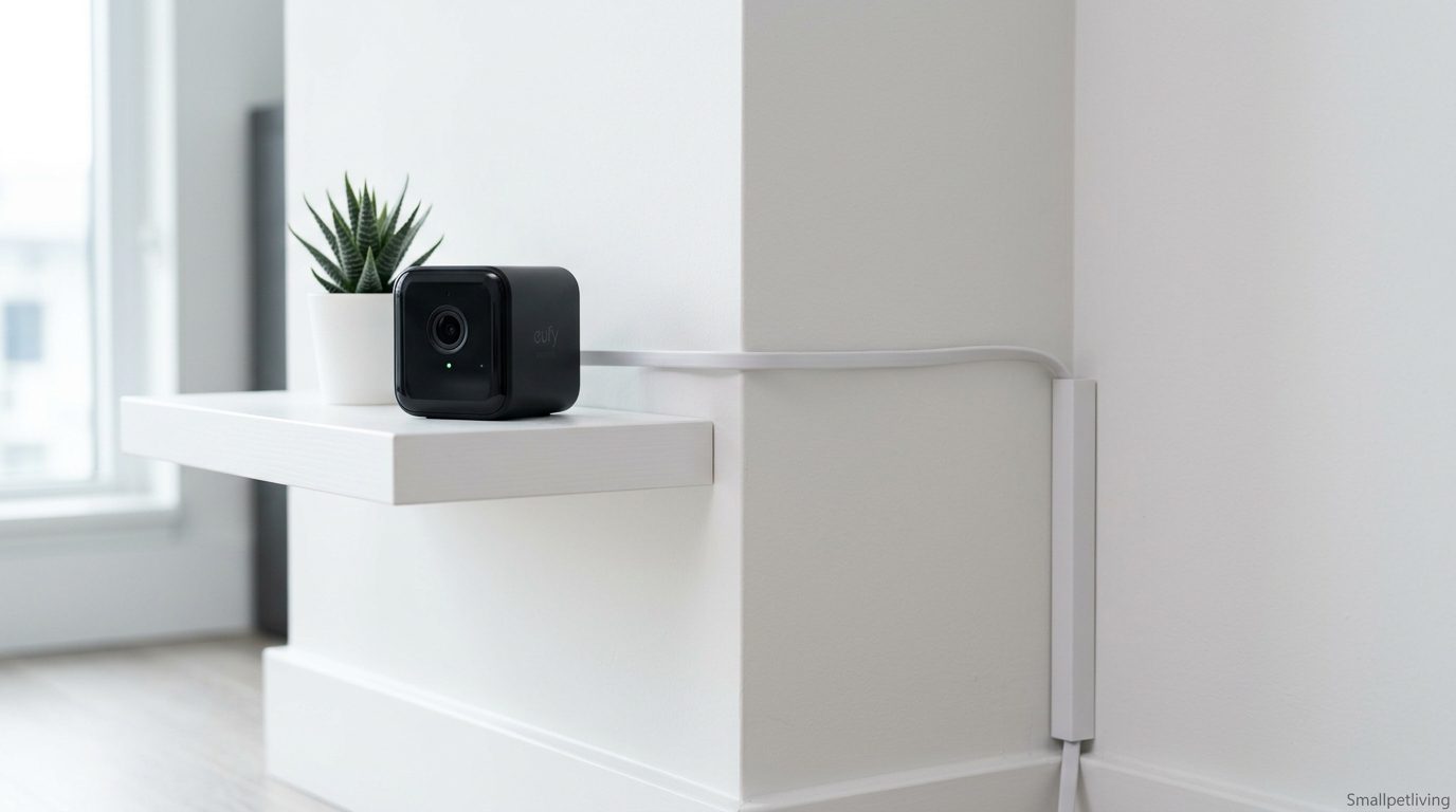 Sleek, invisible cable management for a pet camera on a modern bookshelf.