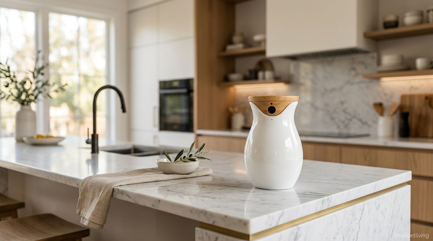 A beautifully designed white sculptural pet camera on a marble kitchen island.