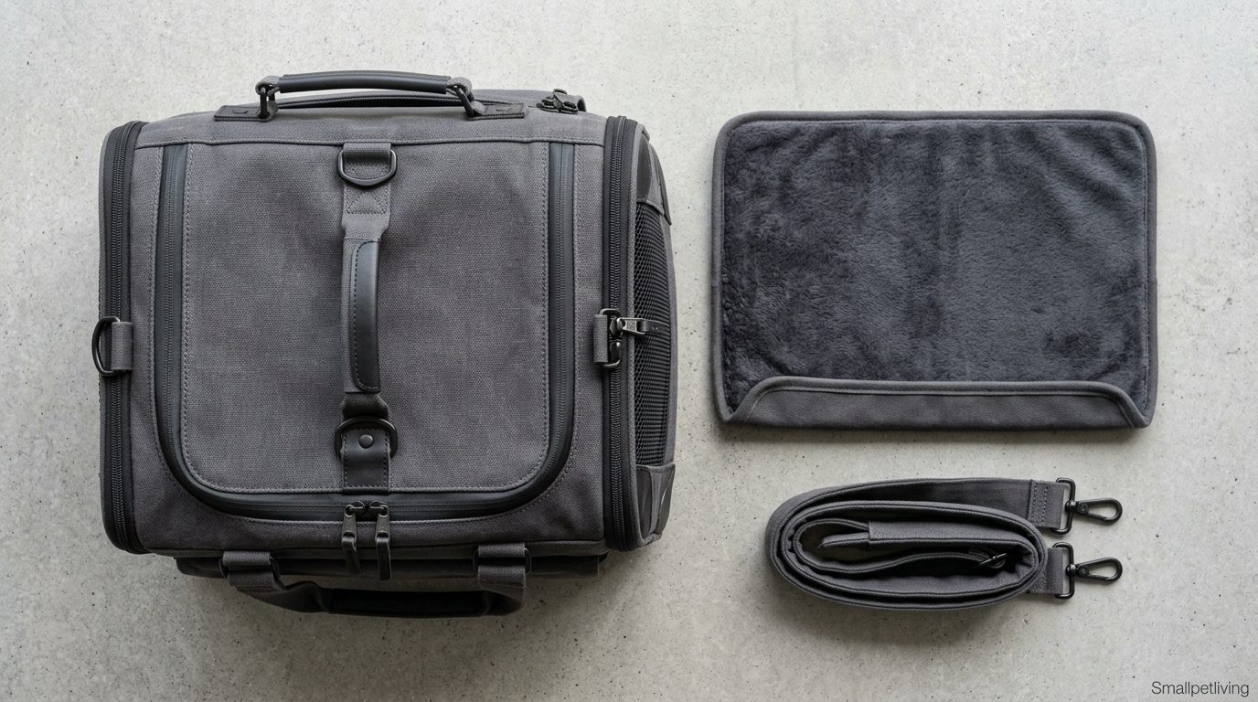 Macro shot of an internal safety tether inside a luxury pet carrier bag.