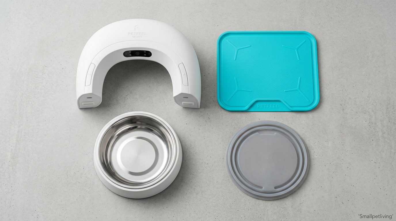 A sleek microchip pet feeder tucked under a low-profile apartment console table.