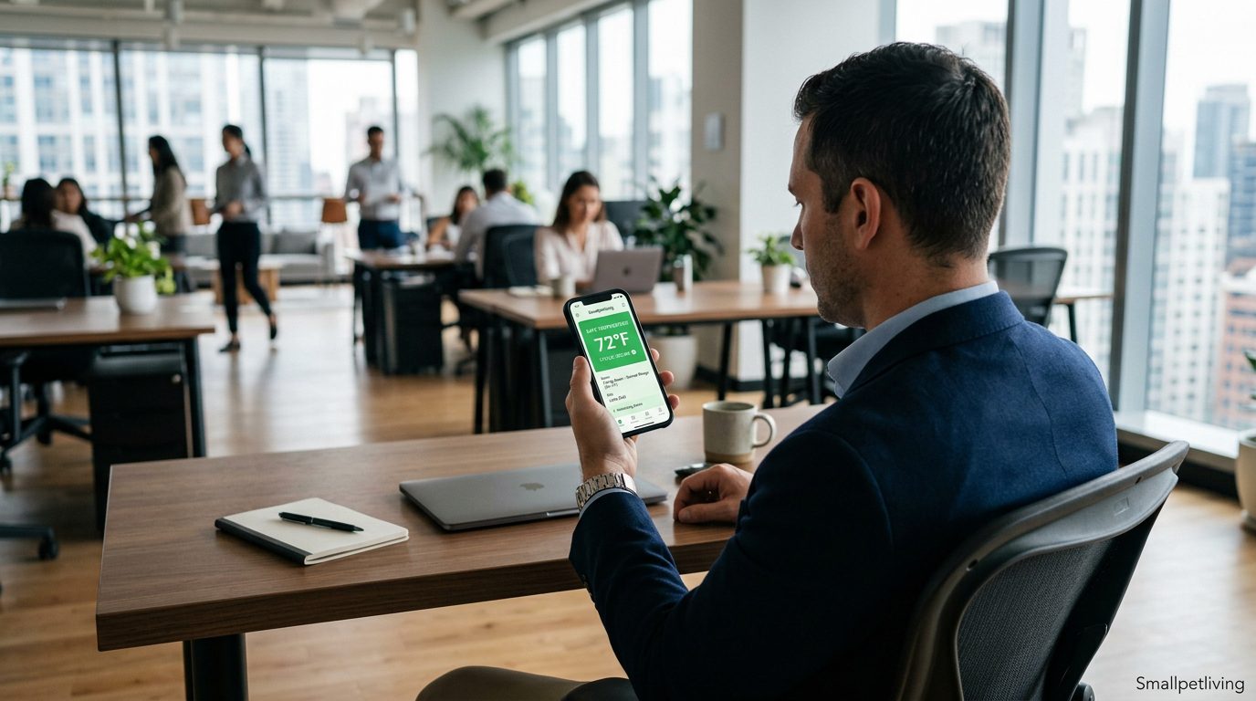 A professional checking a pet temperature app on their phone at the office.