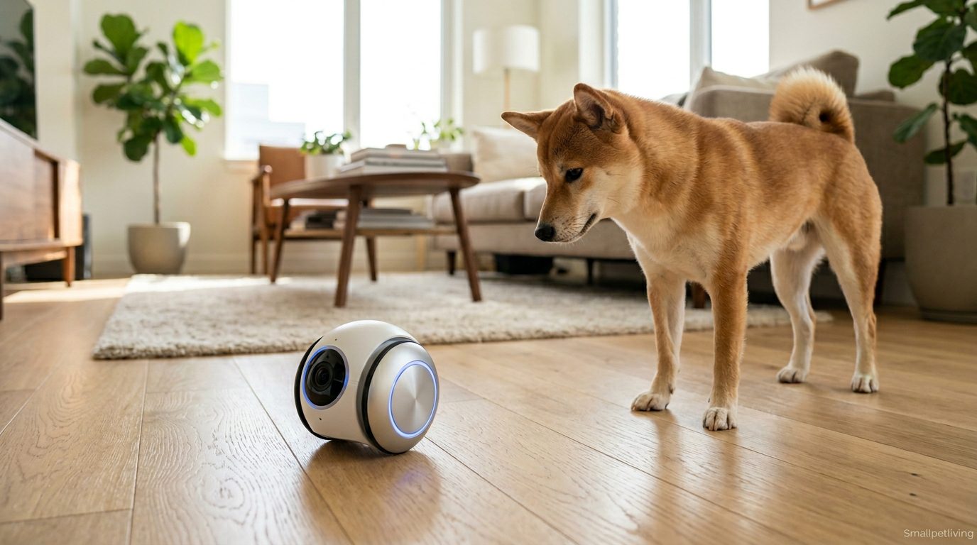 A small, mobile AI rover pet camera rolling across a hardwood floor toward a dog.