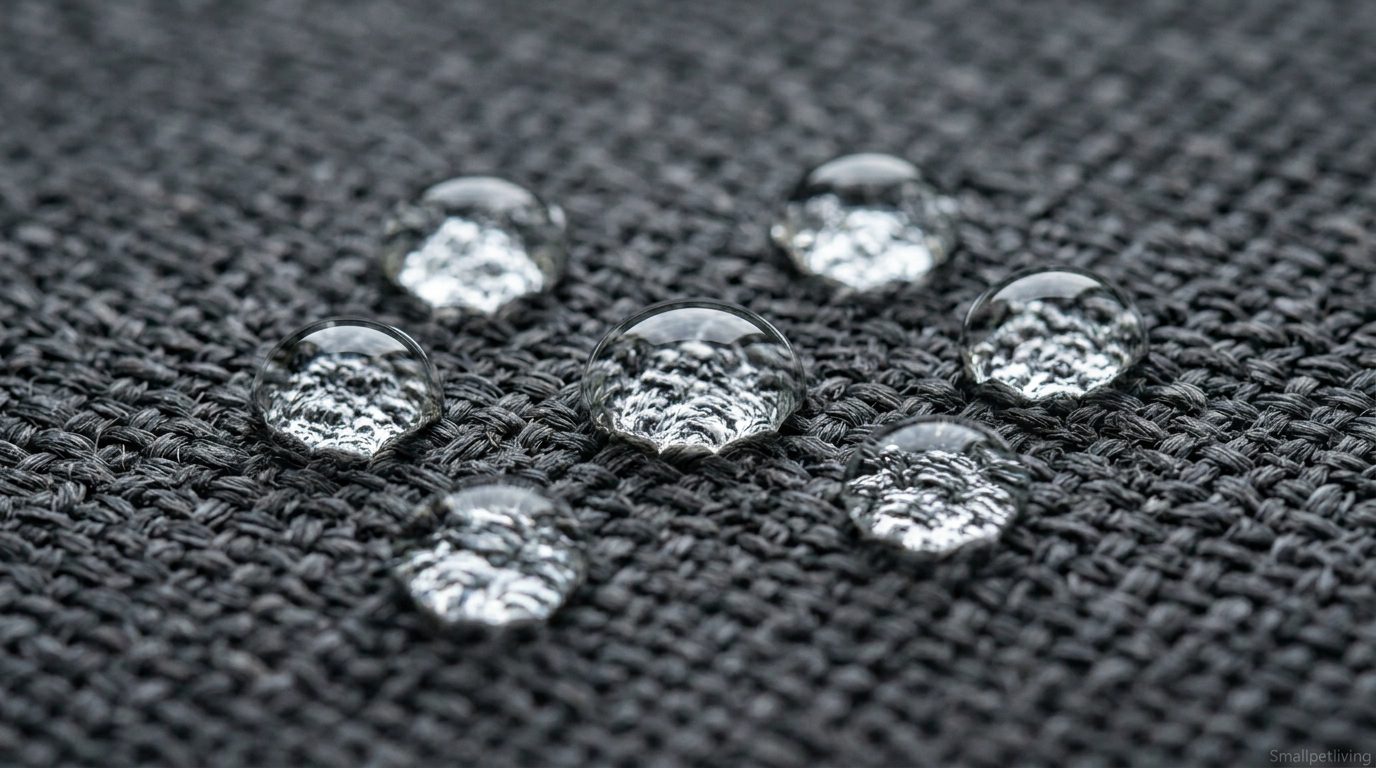 Close-up of water beading perfectly on a Crypton pet-friendly sofa fabric.