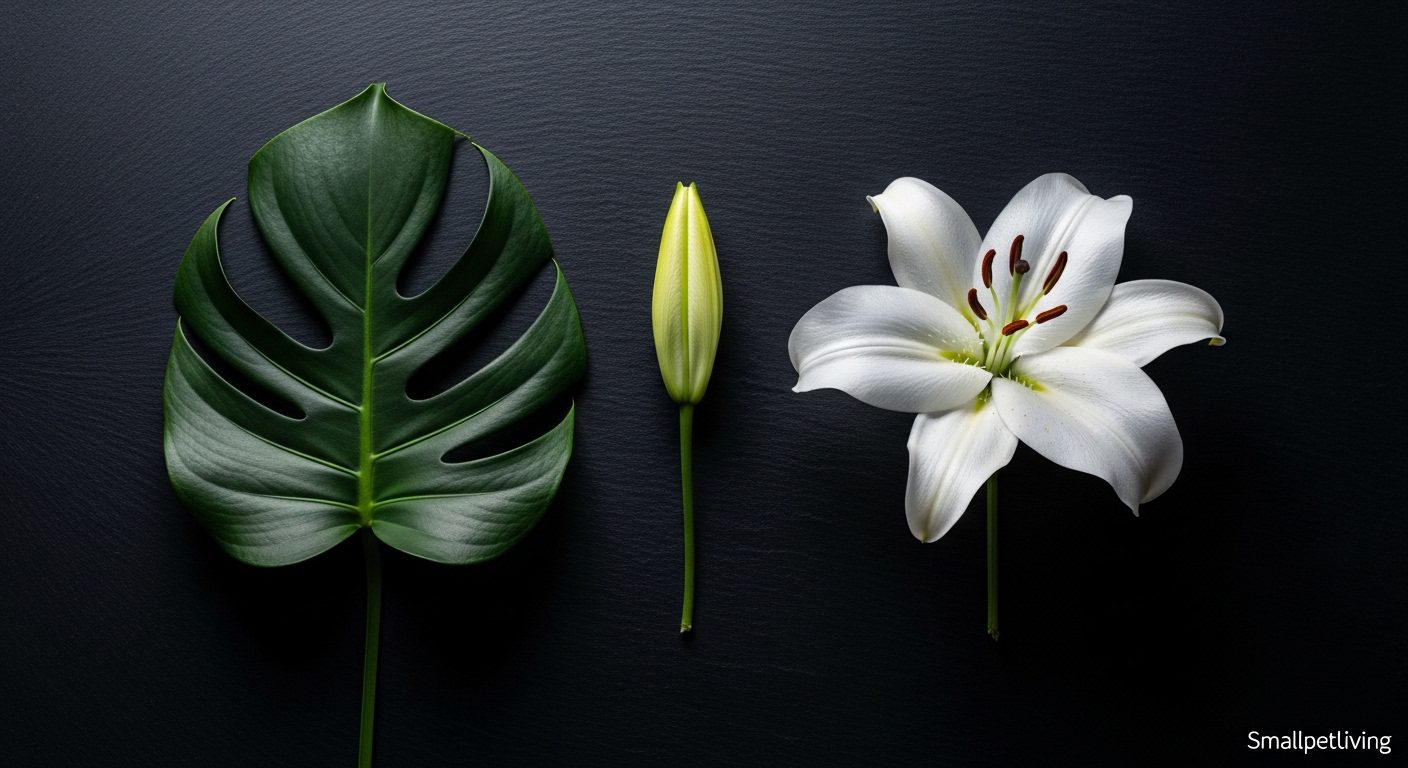A flat lay showing highly toxic houseplants like Monstera and Lilies to avoid.