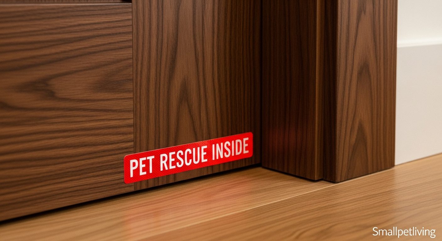 A reflective pet rescue sticker placed low on a luxury apartment door.