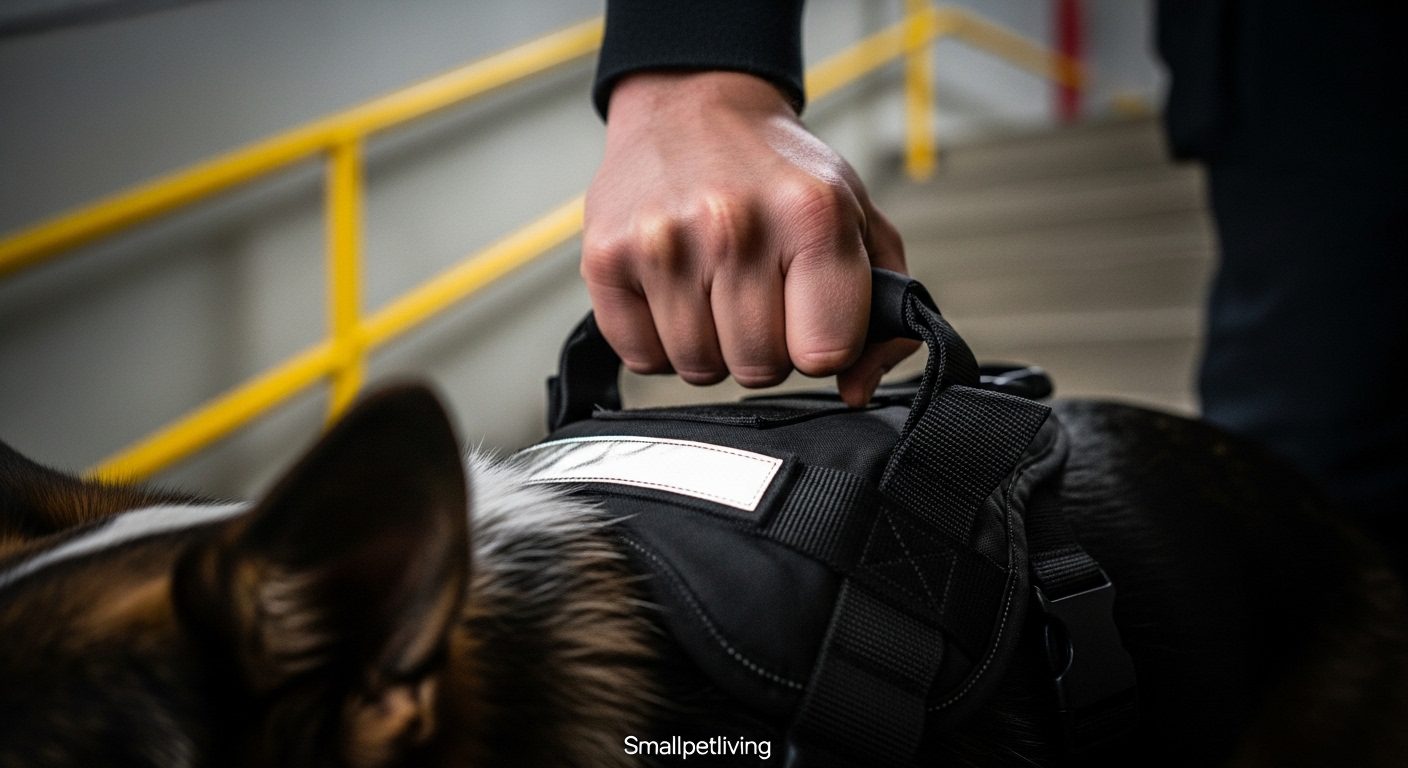 Close-up of a tactical traffic leash used for safe stairwell descents.
