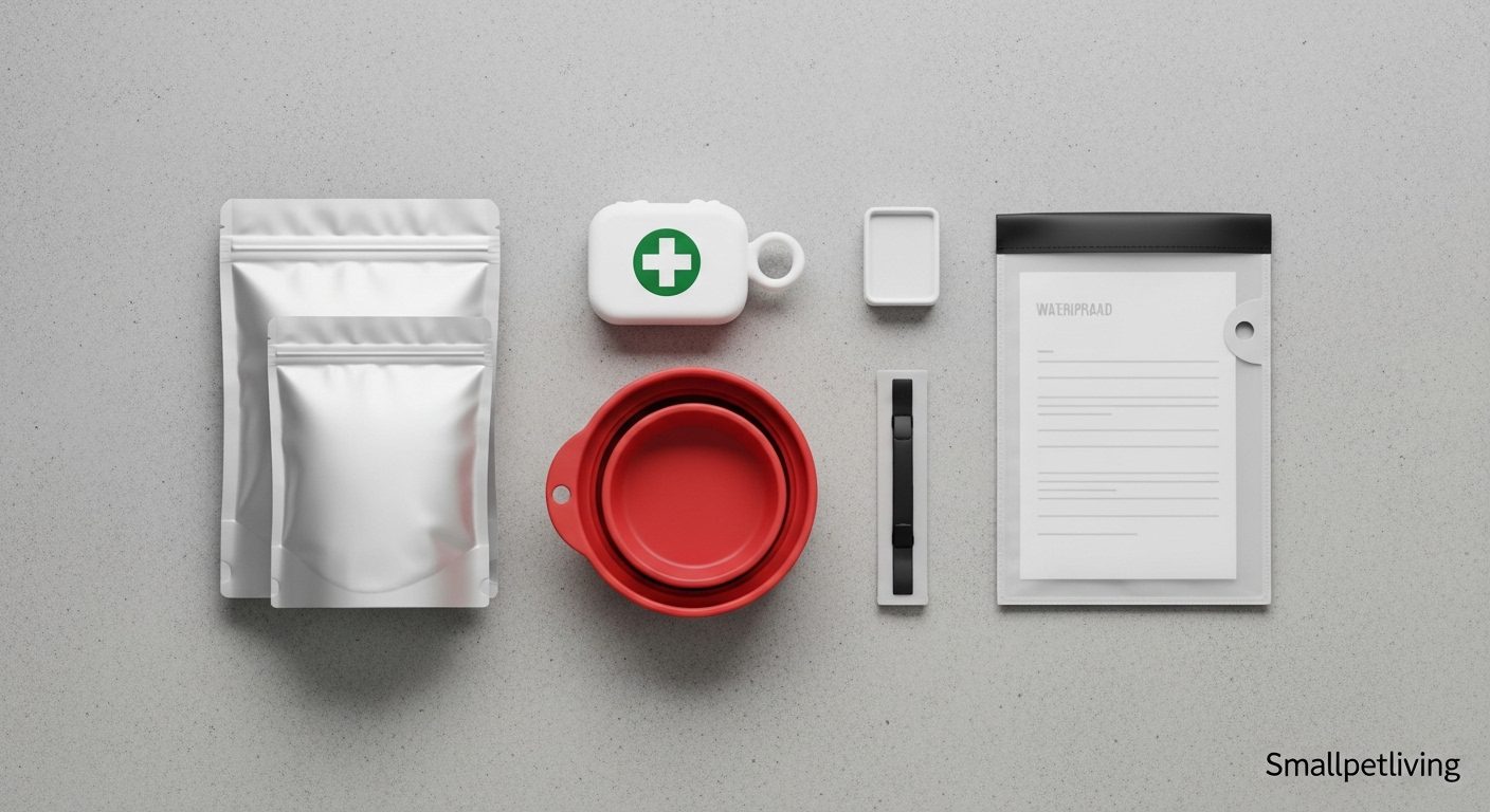 A flat lay of essential items for an apartment pet emergency evacuation kit.