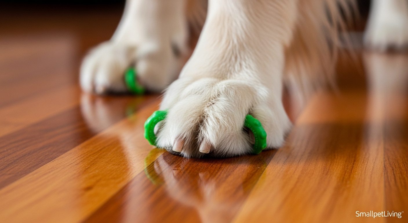 A close-up of a dog's paw wearing rubber toe grips on a slippery wooden floor.