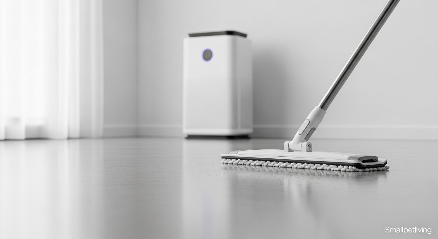 Using an electrostatic mop on a hardwood floor to trap cat dander.