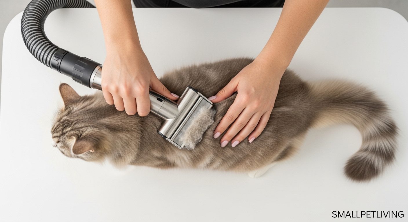 Overhead view of a vacuum-assisted cat grooming tool for reducing dander.