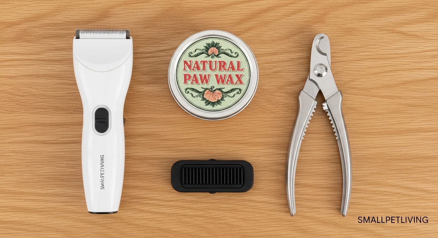 A flat lay of tools used to trim dog paw hair and apply protective wax.
