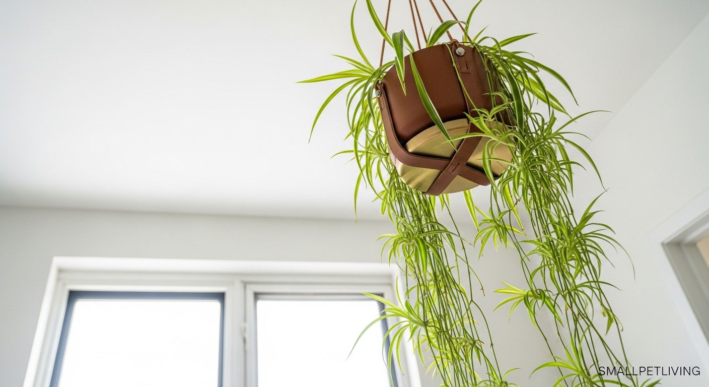 A non-toxic Spider Plant in a macrame hanger suspended from an apartment ceiling.