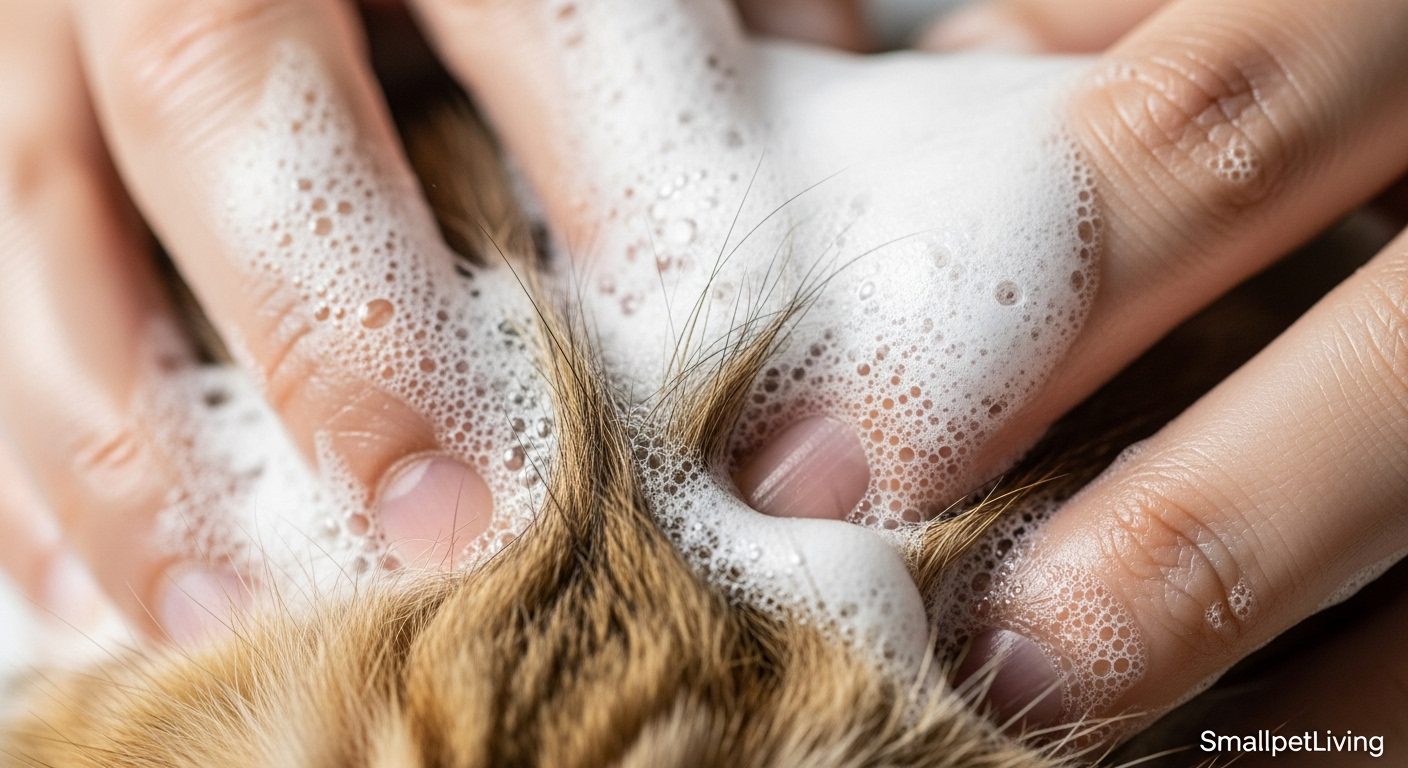 Macro shot of bio-enzymatic waterless foam breaking down cat dander.