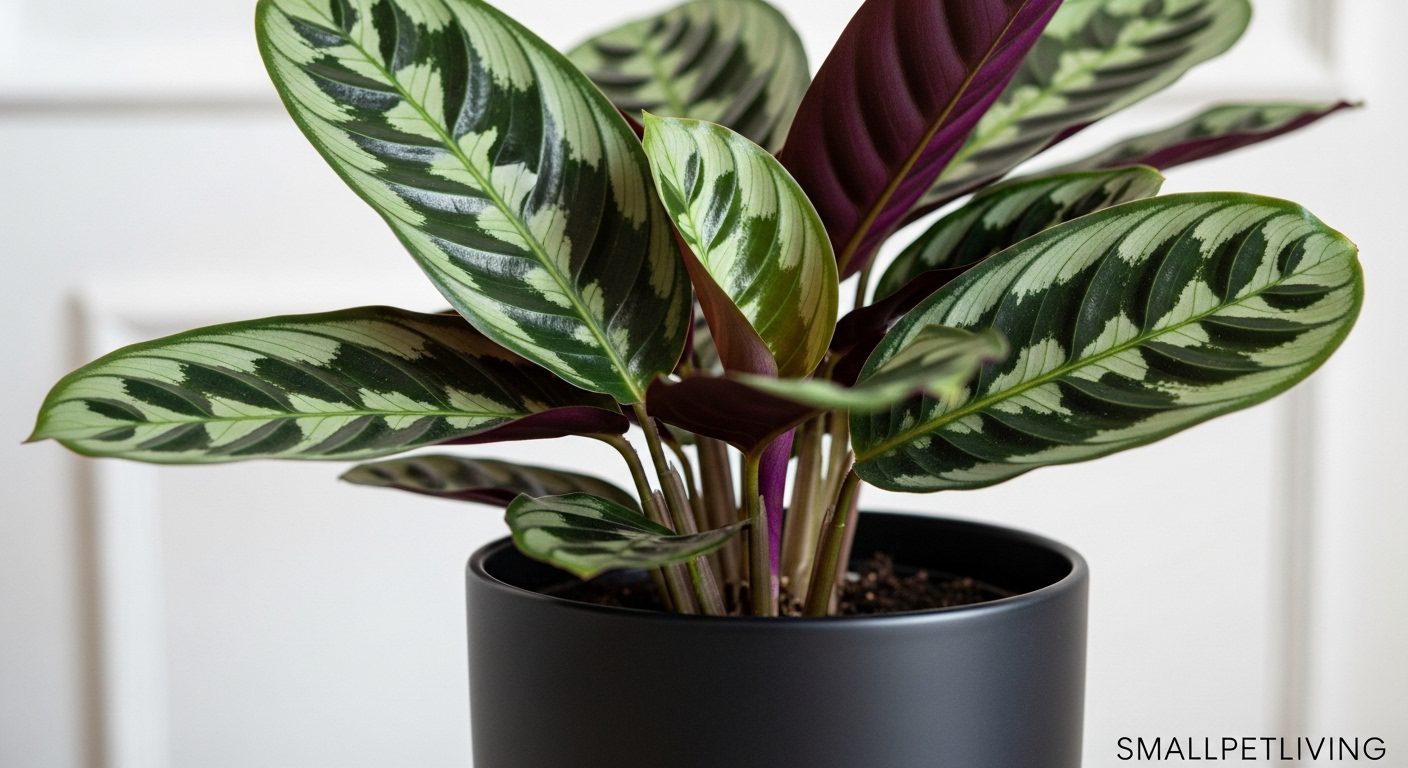 Close-up of the stunning, striped leaves of a pet-safe Calathea plant.