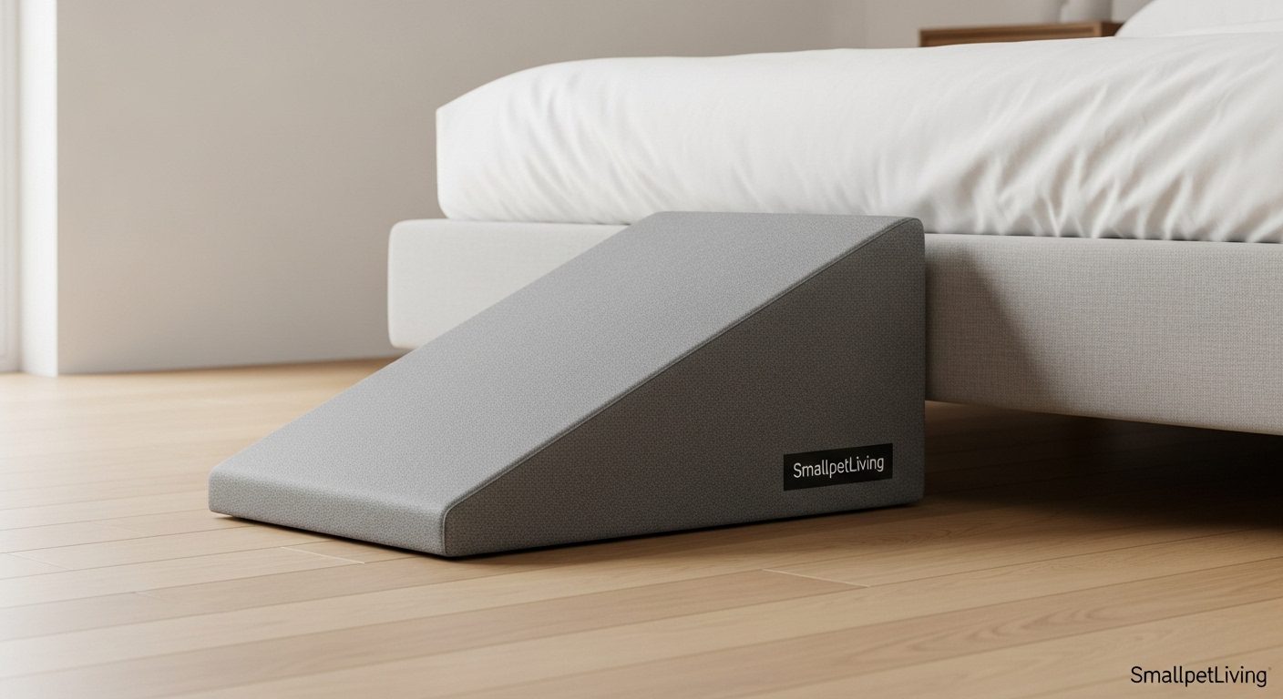 A modern, high-density foam dog ramp leading up to a human bed.